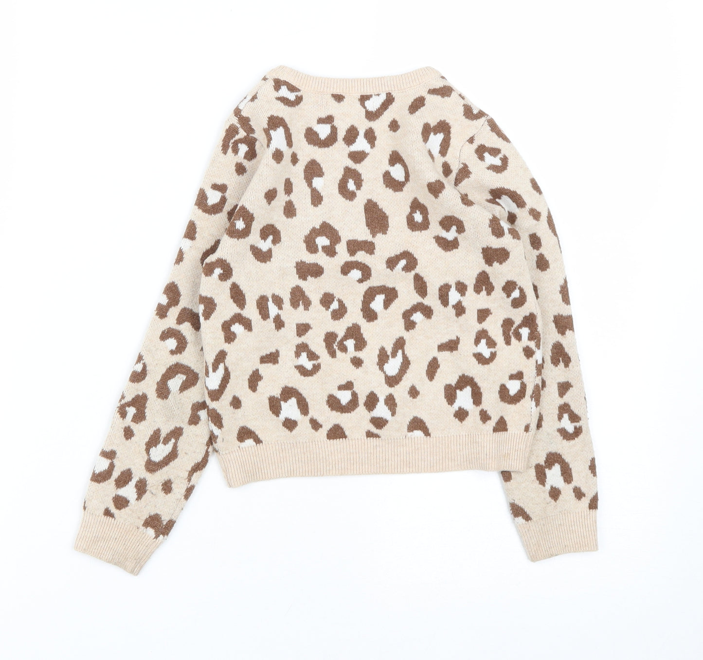 Primark Girls Brown Round Neck Animal Print Acrylic Pullover Jumper Size 6-7 Years