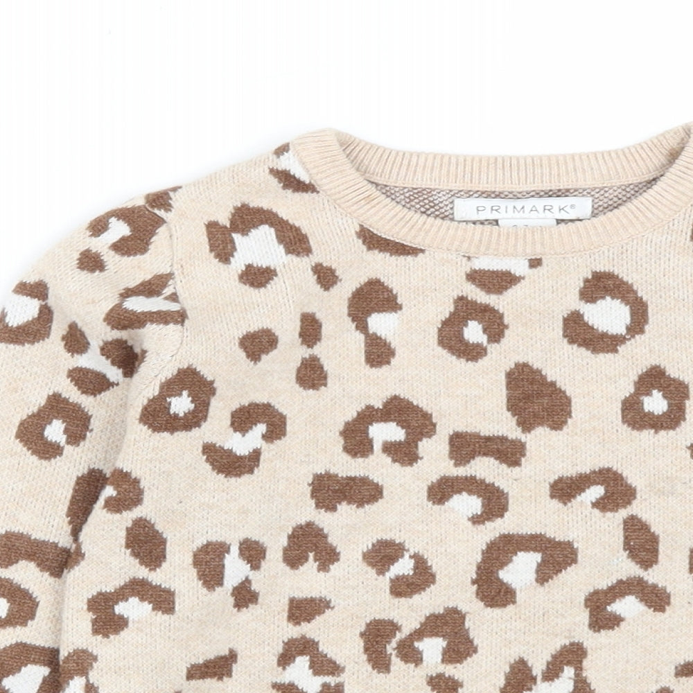 Primark Girls Brown Round Neck Animal Print Acrylic Pullover Jumper Size 6-7 Years