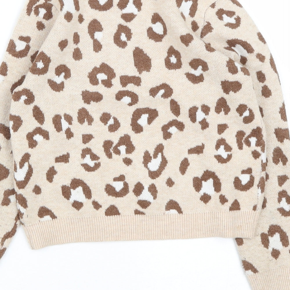 Primark Girls Brown Round Neck Animal Print Acrylic Pullover Jumper Size 6-7 Years