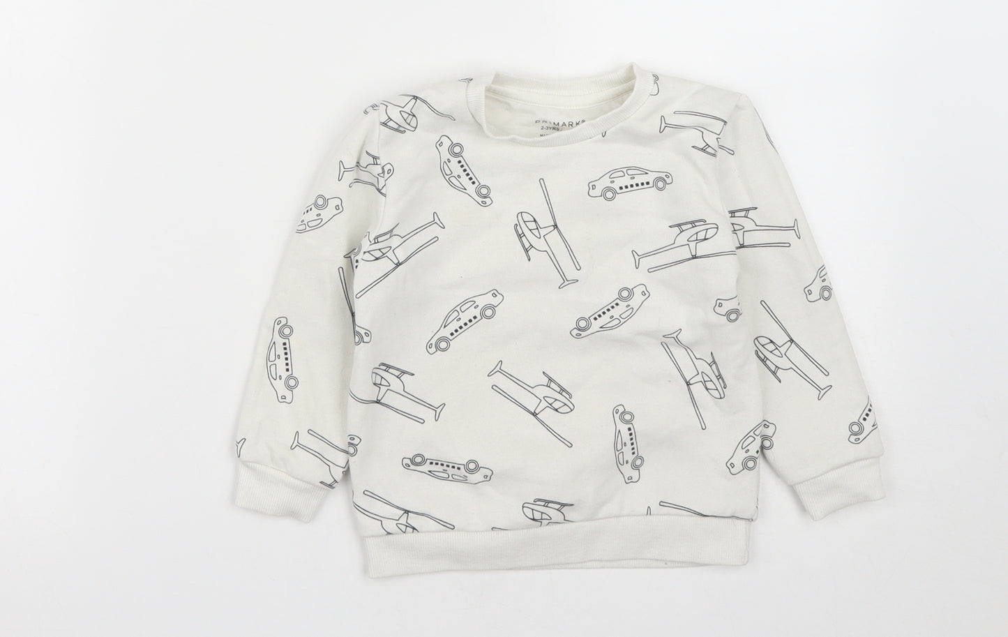 Primark Boys White  Cotton Pullover Sweatshirt Size 2-3 Years   - Car Helicopter Print