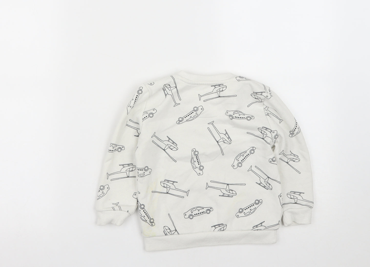 Primark Boys White  Cotton Pullover Sweatshirt Size 2-3 Years   - Car Helicopter Print