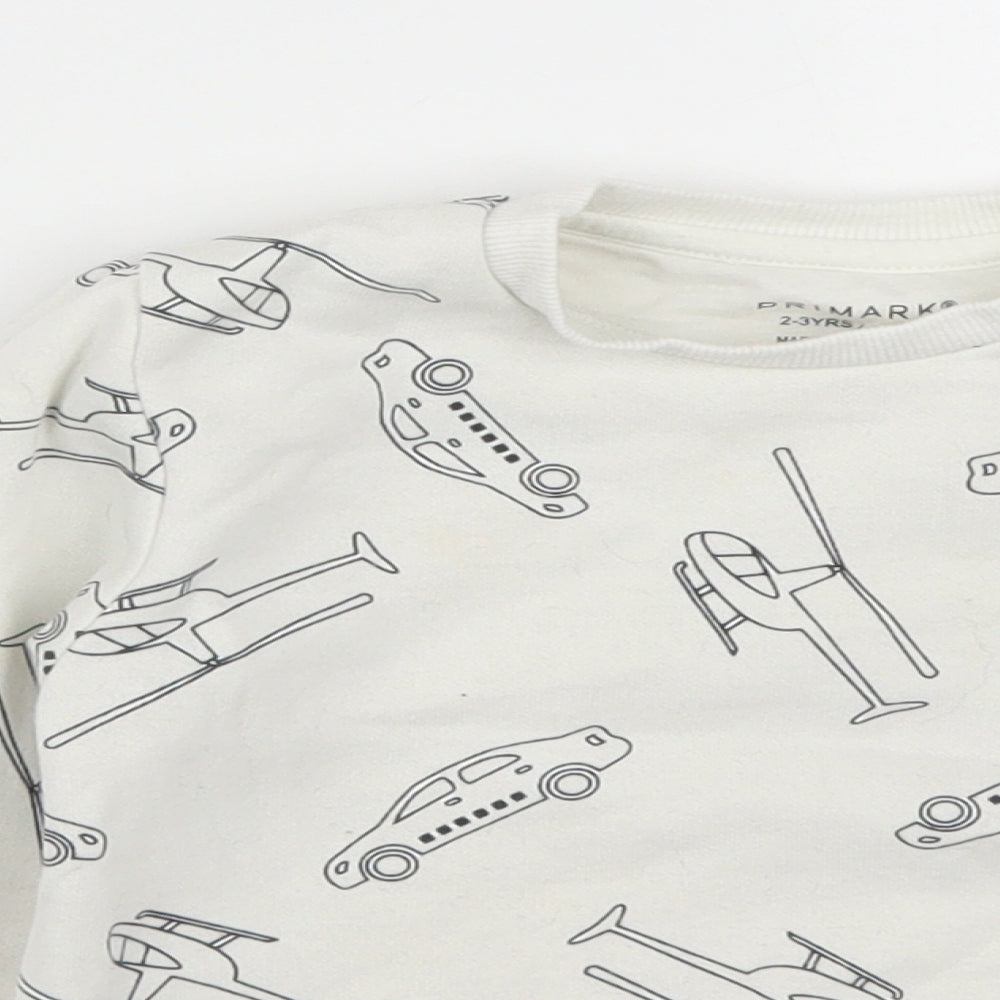 Primark Boys White  Cotton Pullover Sweatshirt Size 2-3 Years   - Car Helicopter Print