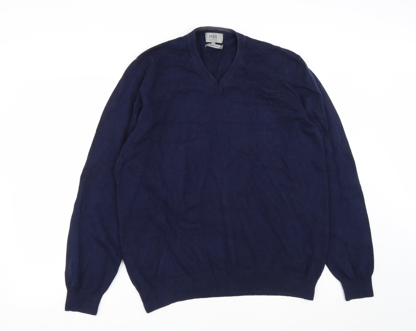 Marks and Spencer Mens Blue V-Neck  Cotton Pullover Jumper Size XL