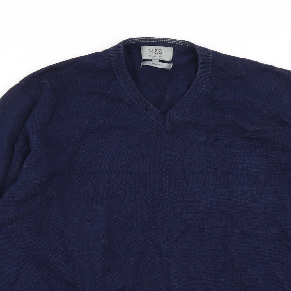 Marks and Spencer Mens Blue V-Neck  Cotton Pullover Jumper Size XL