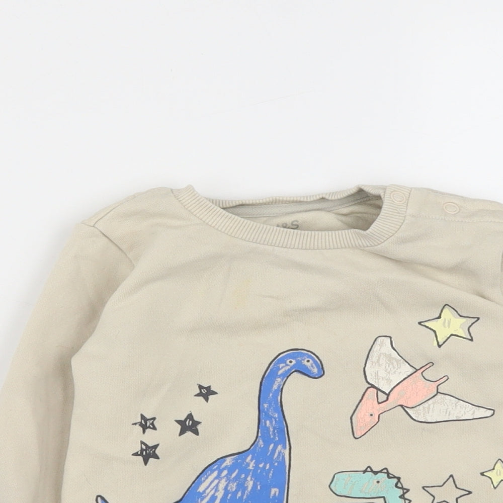 Marks and Spencer Boys Beige  Polyester Pullover Sweatshirt Size 2-3 Years  Snap - Dinosaur Print