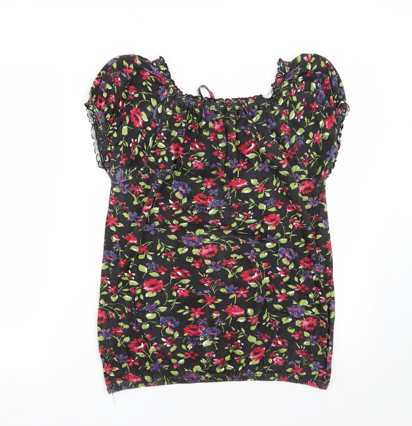 Matalan Womens Black Floral Cotton Basic T-Shirt Size 14 Round Neck