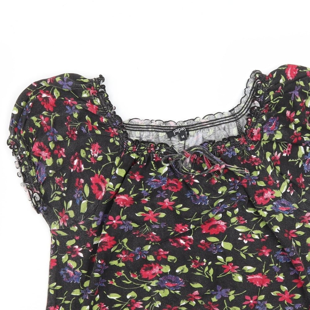 Matalan Womens Black Floral Cotton Basic T-Shirt Size 14 Round Neck