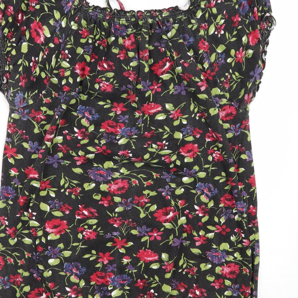 Matalan Womens Black Floral Cotton Basic T-Shirt Size 14 Round Neck