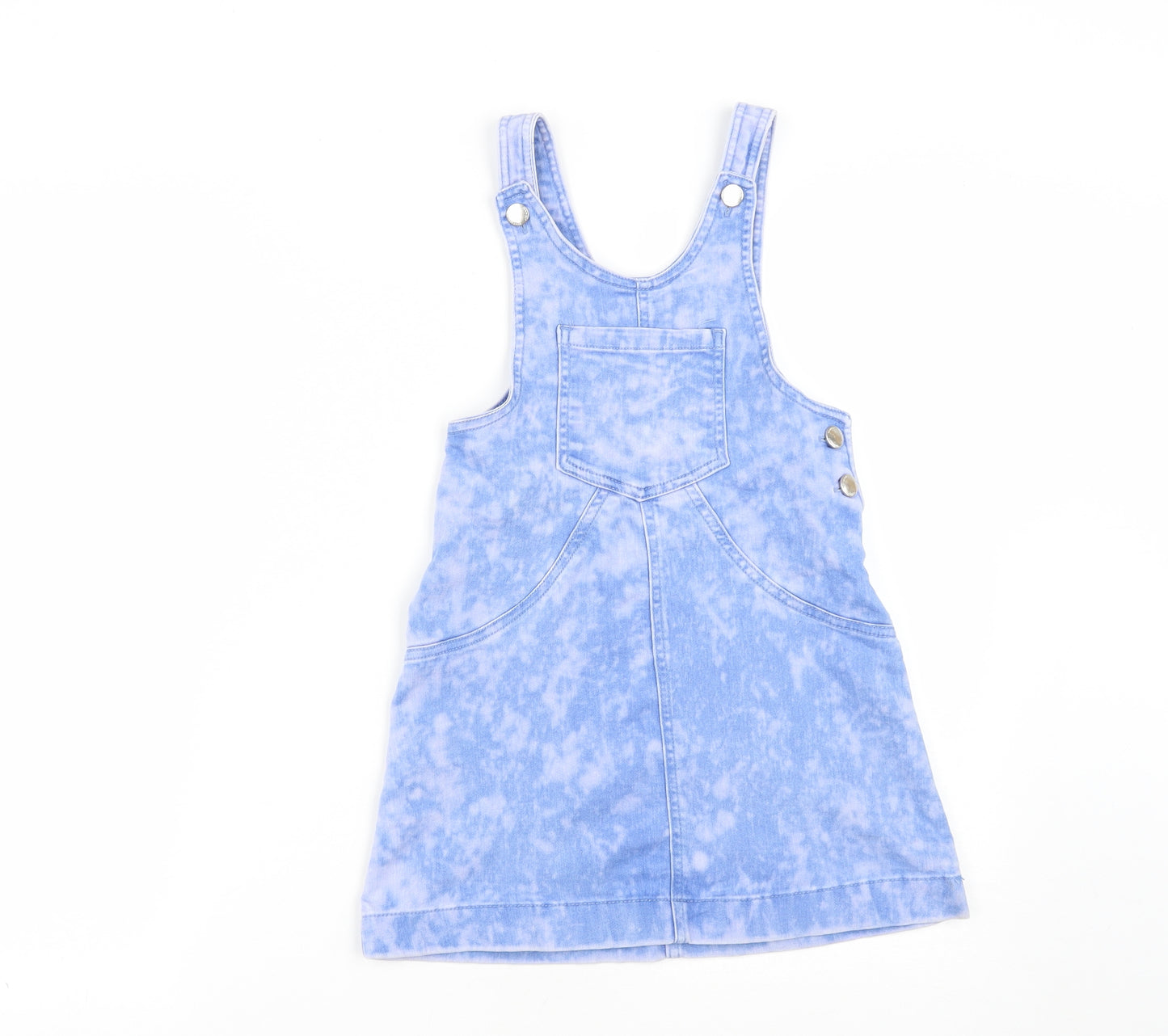 F&F Girls Blue Tie Dye Cotton Pinafore/Dungaree Dress  Size 8-9 Years  Scoop Neck Button