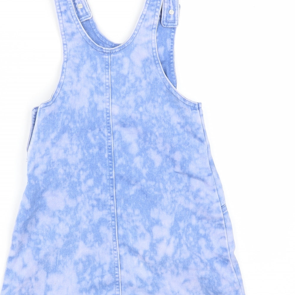 F&F Girls Blue Tie Dye Cotton Pinafore/Dungaree Dress  Size 8-9 Years  Scoop Neck Button