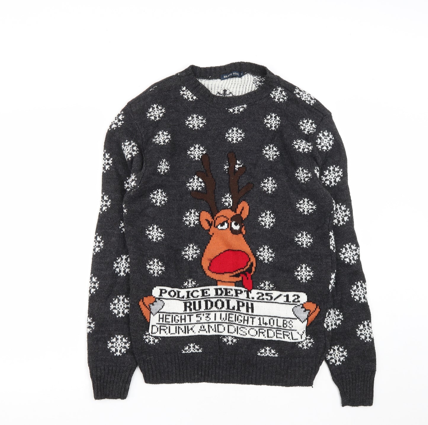 Brave Soul Mens Black Round Neck  Acrylic Pullover Jumper Size L   - Christmas Rudolph Reindeer