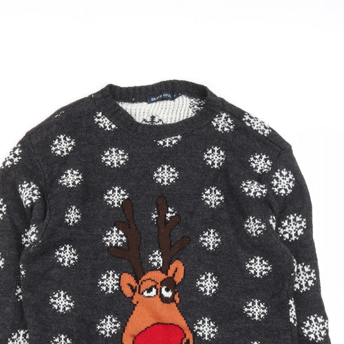 Brave Soul Mens Black Round Neck  Acrylic Pullover Jumper Size L   - Christmas Rudolph Reindeer