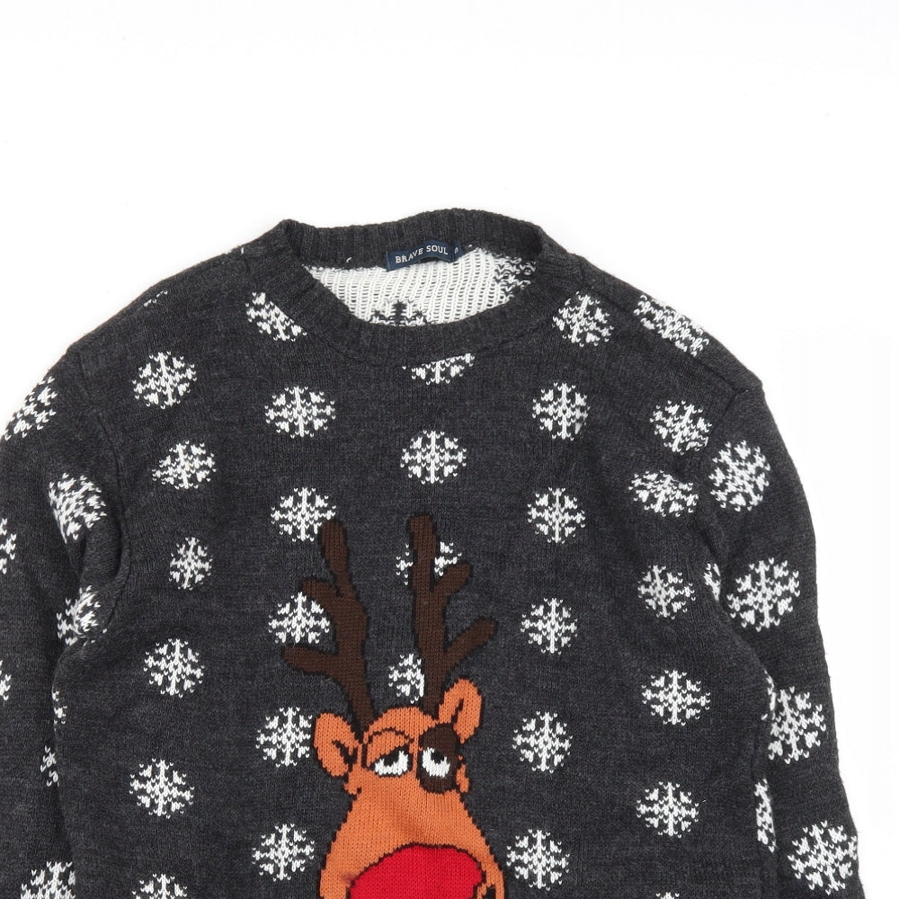 Brave Soul Mens Black Round Neck  Acrylic Pullover Jumper Size L   - Christmas Rudolph Reindeer