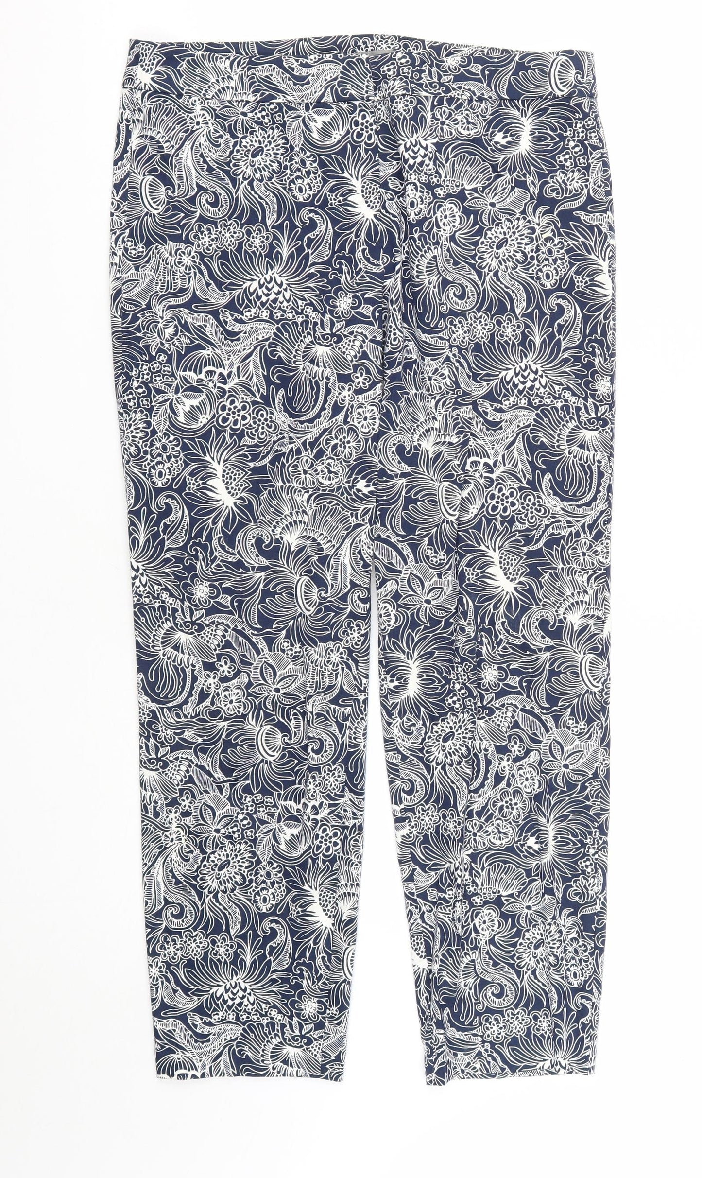 Marks and Spencer Womens Blue Geometric Cotton Cropped Trousers Size 10 L25 in Regular Zip