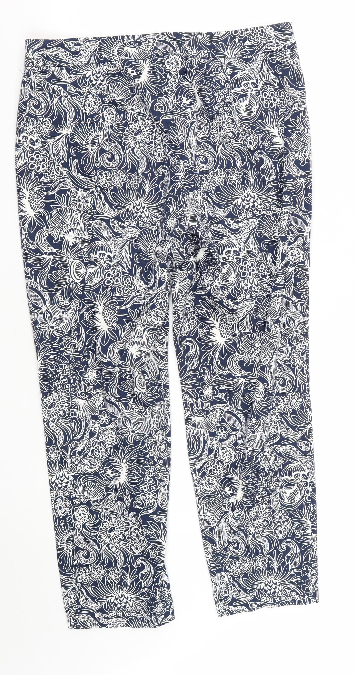 Marks and Spencer Womens Blue Geometric Cotton Cropped Trousers Size 10 L25 in Regular Zip