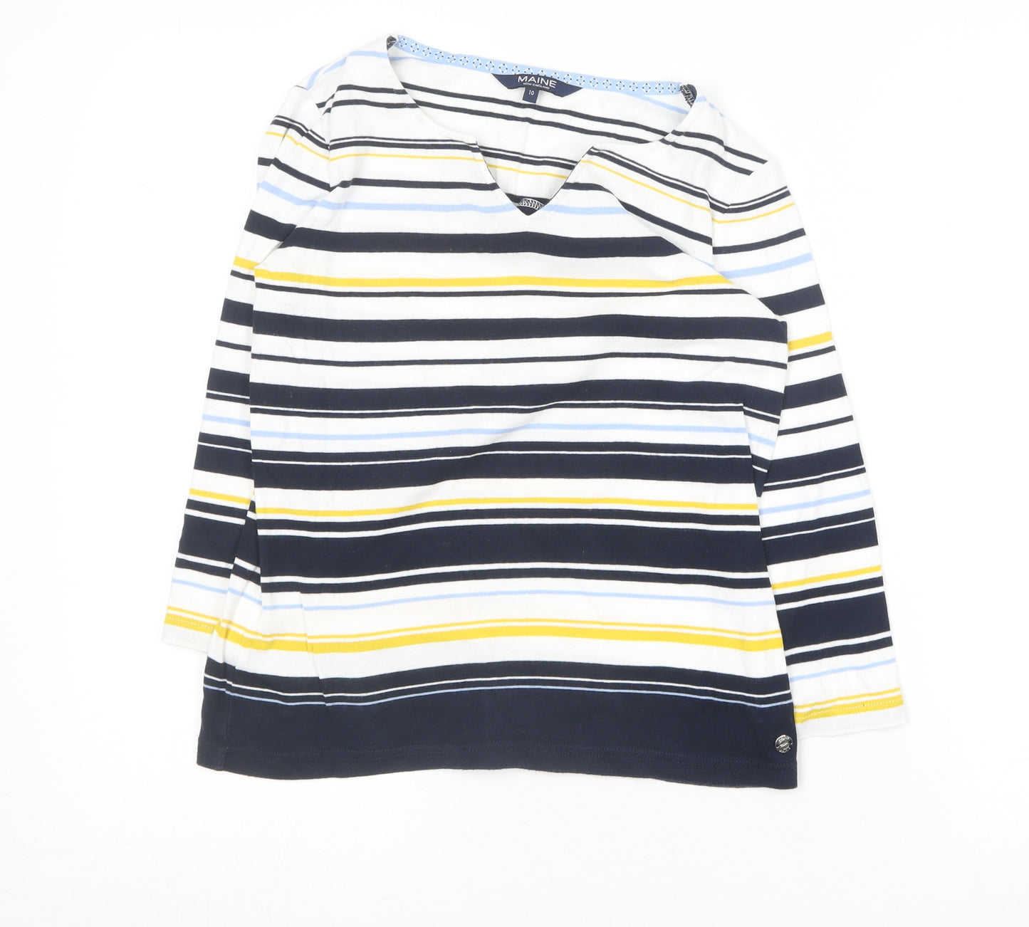 Maine Womens Multicoloured Striped Cotton Basic T-Shirt Size 10 V-Neck
