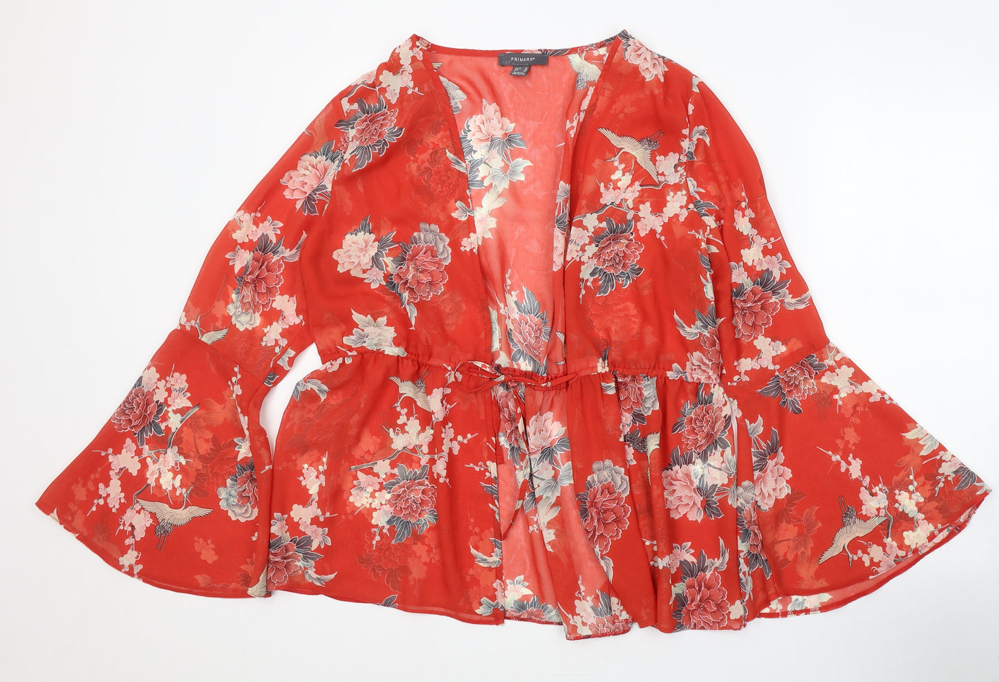 Primark Womens Red Floral Viscose Kimono T-Shirt Size 18 V-Neck - Beach Cover Up