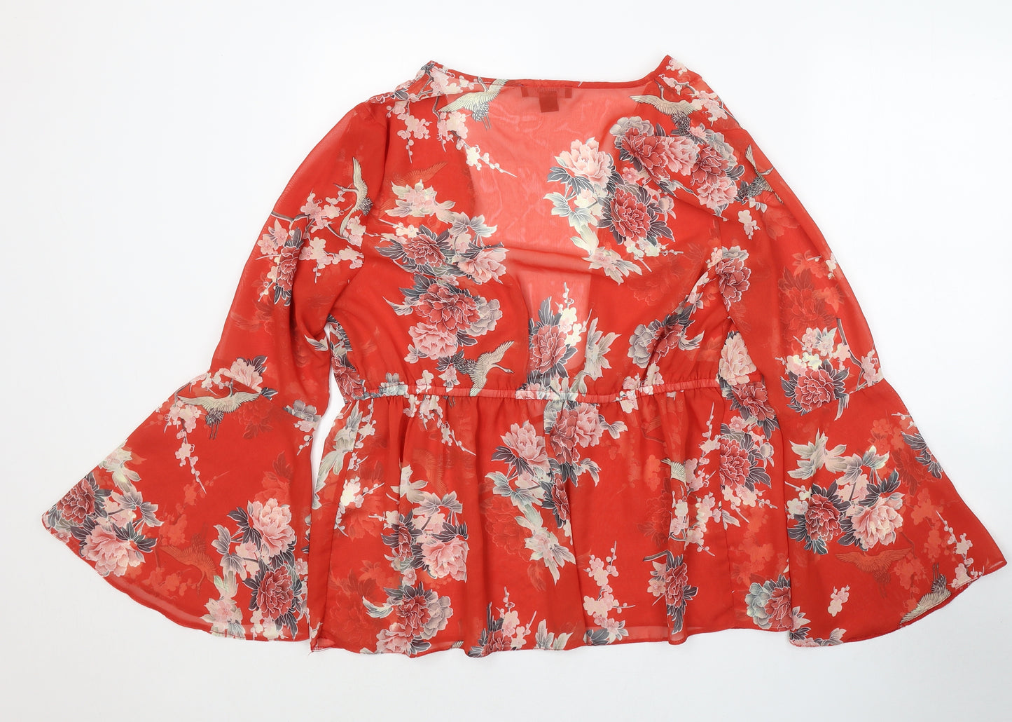 Primark Womens Red Floral Viscose Kimono T-Shirt Size 18 V-Neck - Beach Cover Up