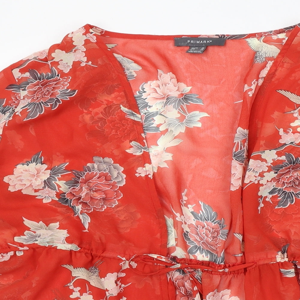 Primark Womens Red Floral Viscose Kimono T-Shirt Size 18 V-Neck - Beach Cover Up