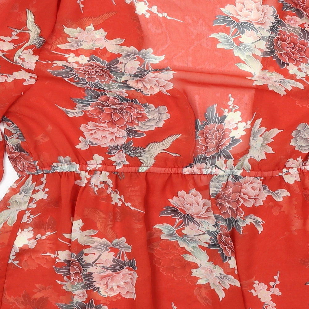 Primark Womens Red Floral Viscose Kimono T-Shirt Size 18 V-Neck - Beach Cover Up