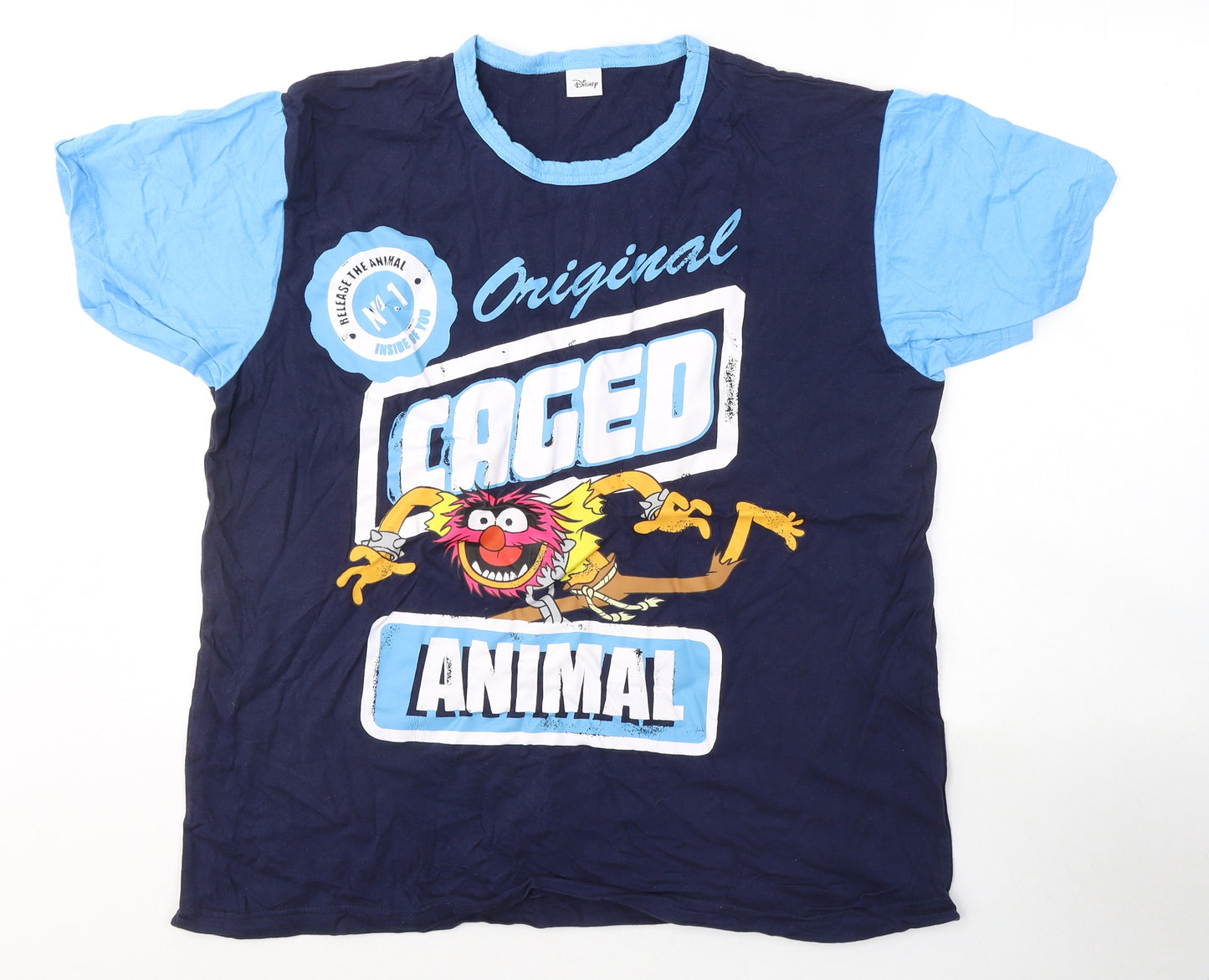 Disney Mens Blue Colourblock Cotton  T-Shirt Size XL Round Neck  - Caged animal
