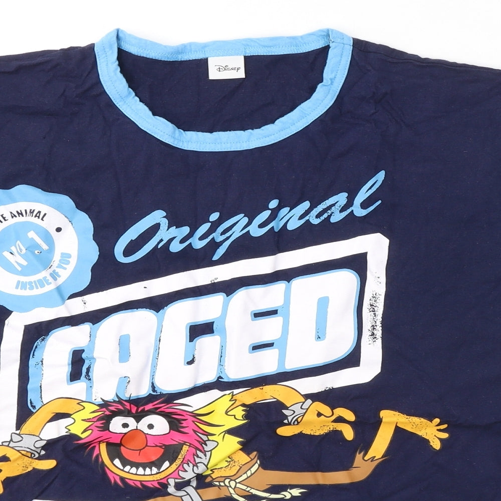 Disney Mens Blue Colourblock Cotton  T-Shirt Size XL Round Neck  - Caged animal