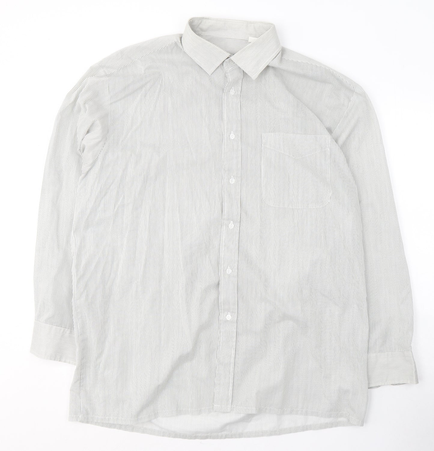 Hesketh & Turner Mens White Striped Cotton  Button-Up Size XL Collared Button