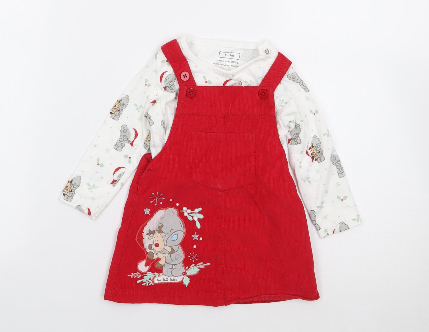 F&F Girls Red Geometric 100% Cotton Dungaree Outfit/Set Size 6-9 Months  Pullover - Christmas