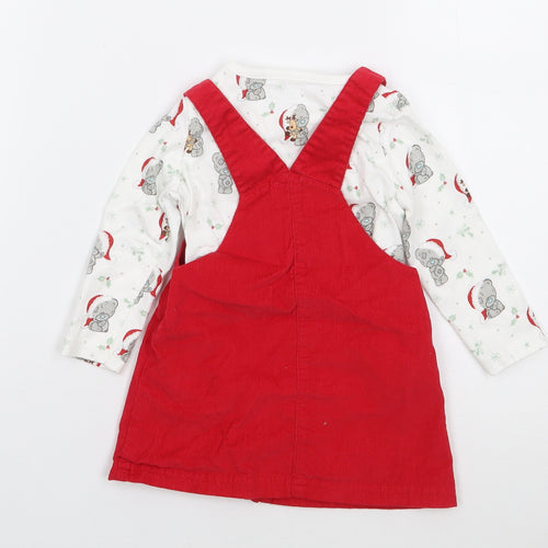 F&F Girls Red Geometric 100% Cotton Dungaree Outfit/Set Size 6-9 Months  Pullover - Christmas