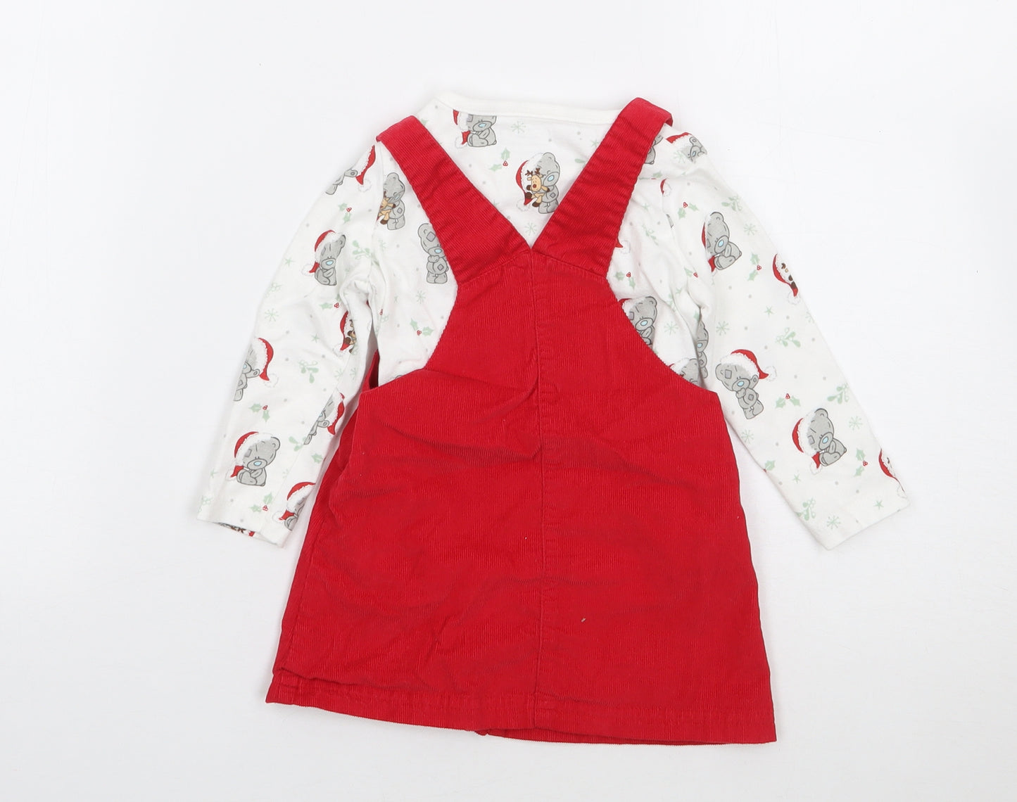 F&F Girls Red Geometric 100% Cotton Dungaree Outfit/Set Size 6-9 Months  Pullover - Christmas