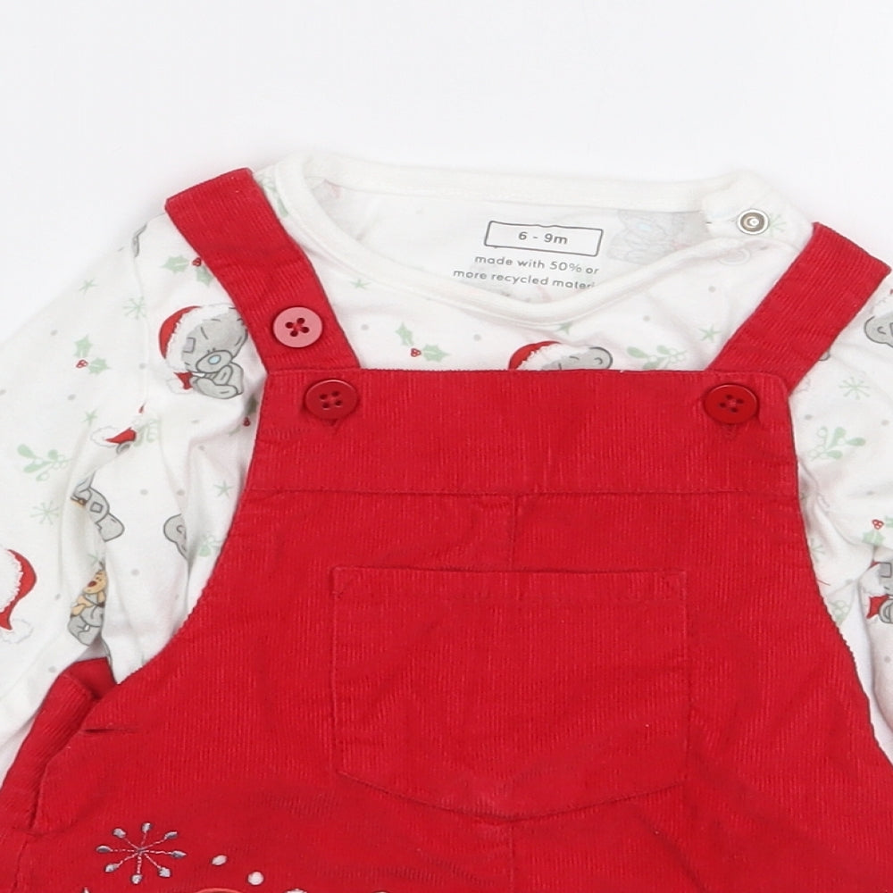 F&F Girls Red Geometric 100% Cotton Dungaree Outfit/Set Size 6-9 Months  Pullover - Christmas