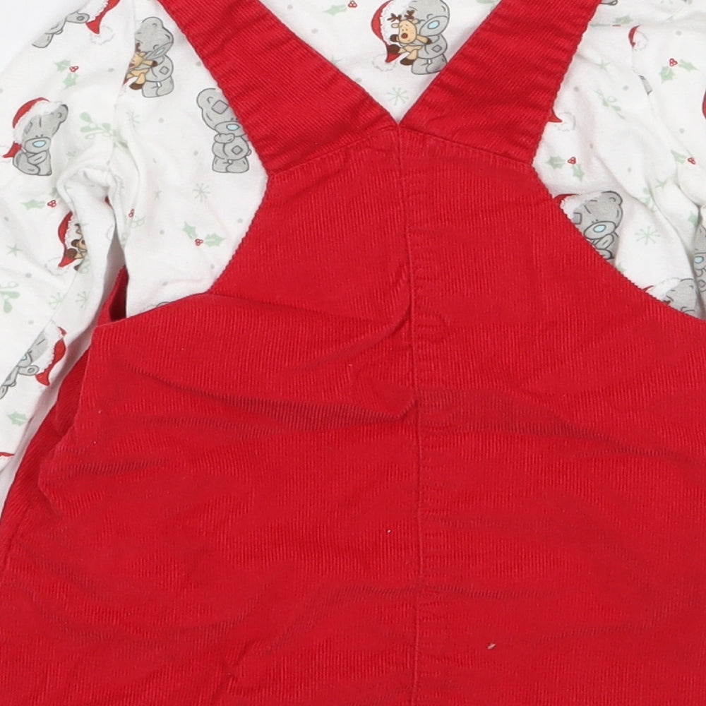 F&F Girls Red Geometric 100% Cotton Dungaree Outfit/Set Size 6-9 Months  Pullover - Christmas