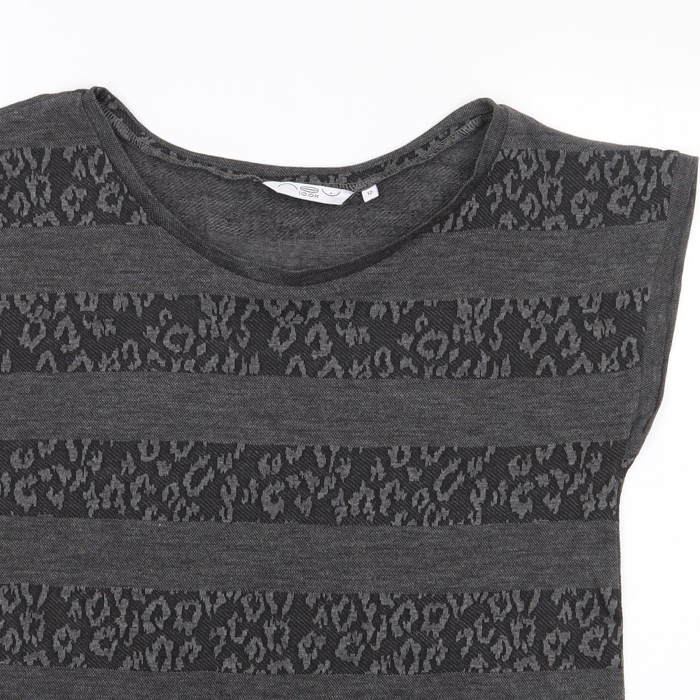 New Look  Womens Grey Animal Print Polyester Jersey T-Shirt Size 12 Round Neck