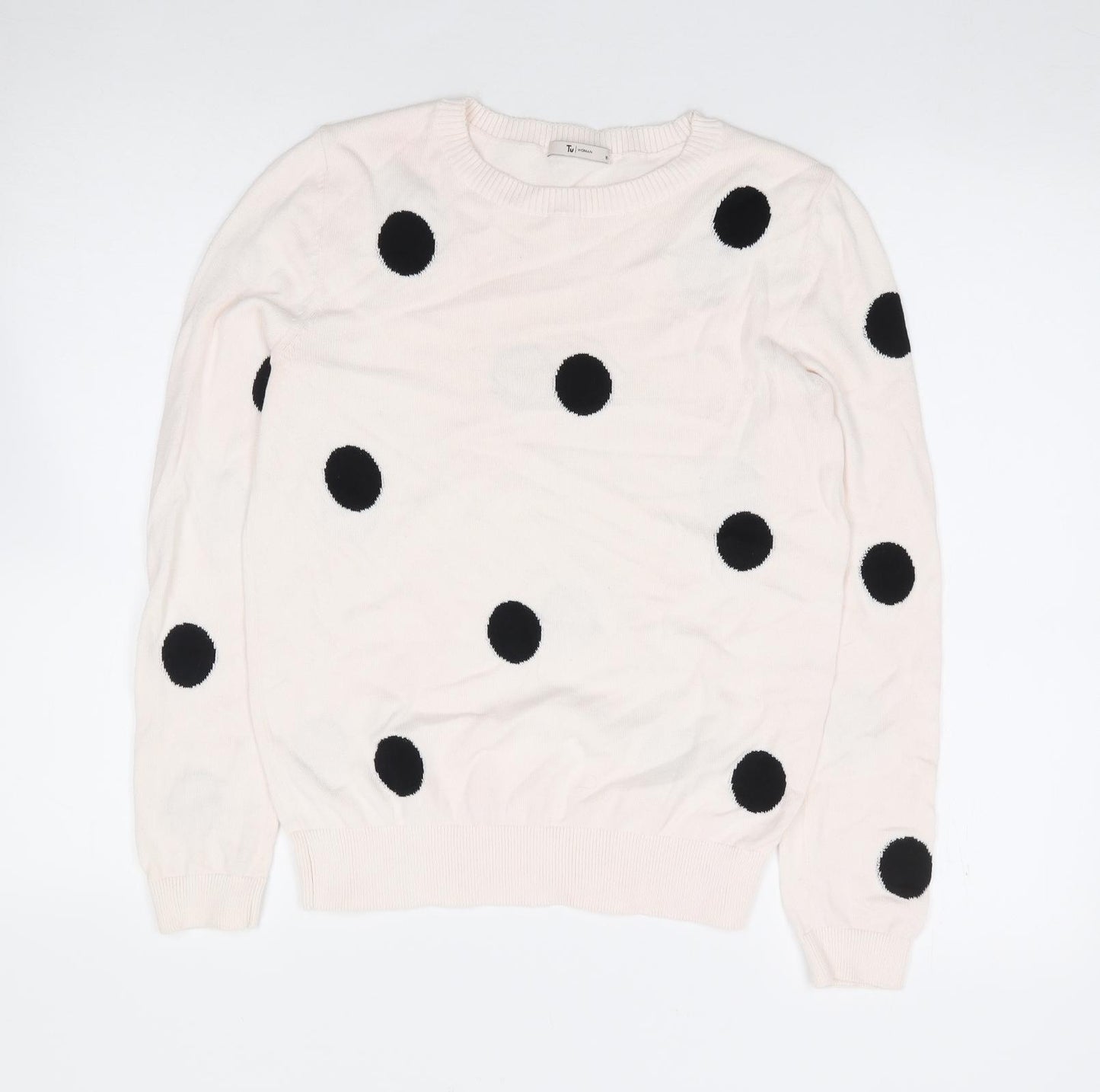 TU Womens Ivory Crew Neck Polka Dot 100% Cotton Pullover Jumper Size 10