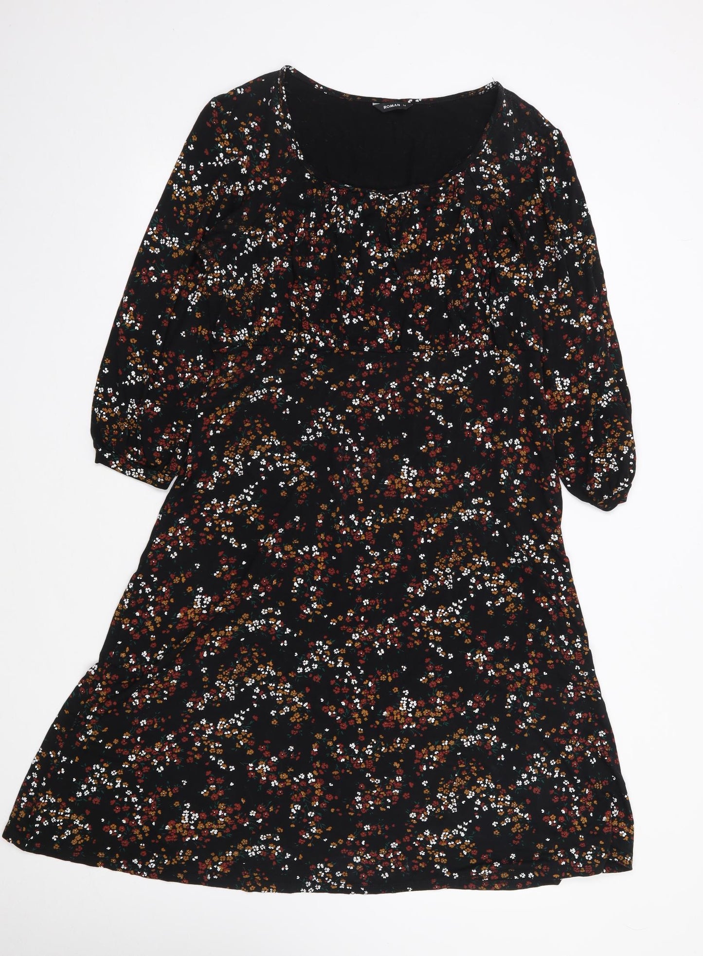 Roman Womens Black Floral Viscose Fit & Flare  Size 14  Scoop Neck Pullover