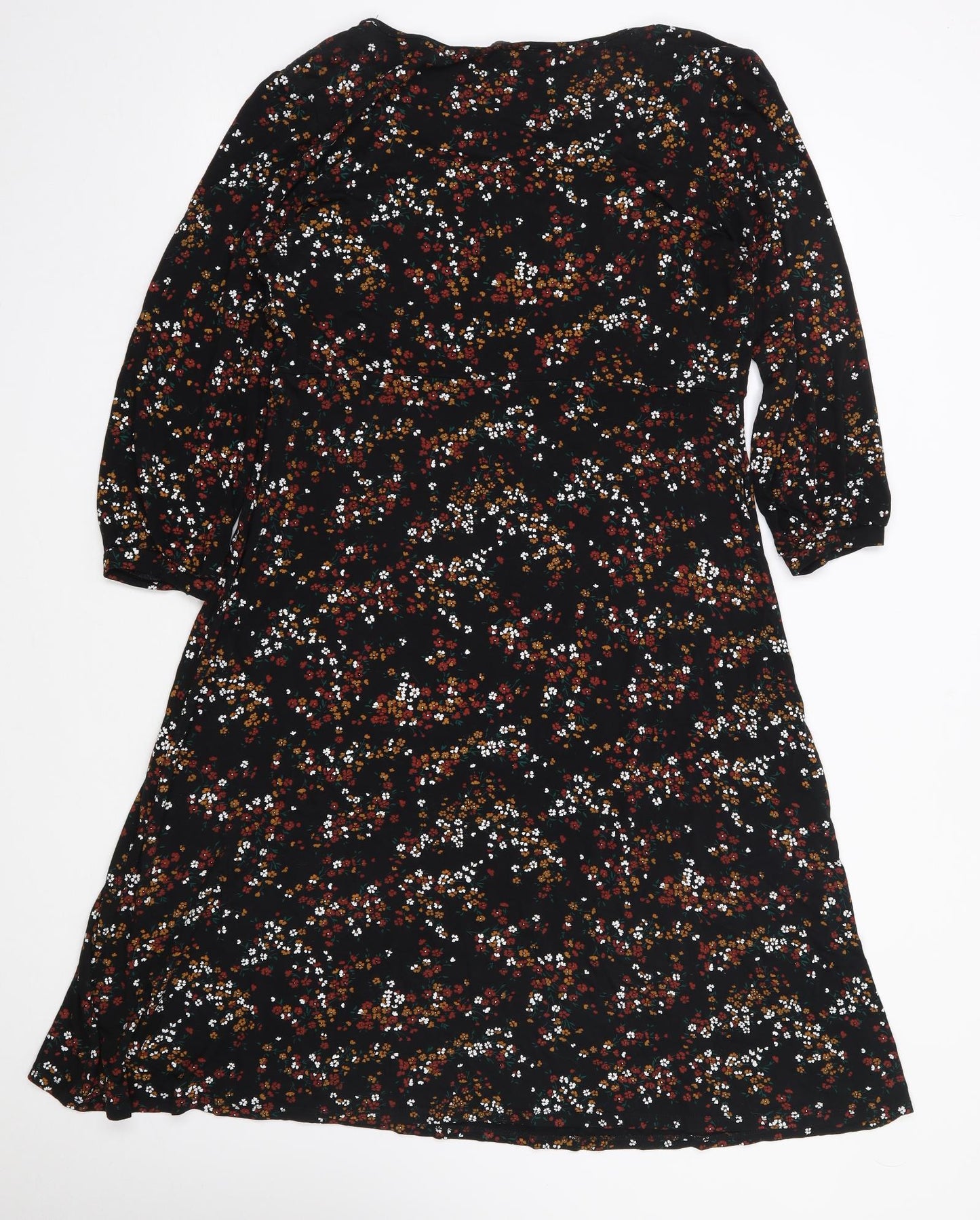 Roman Womens Black Floral Viscose Fit & Flare  Size 14  Scoop Neck Pullover