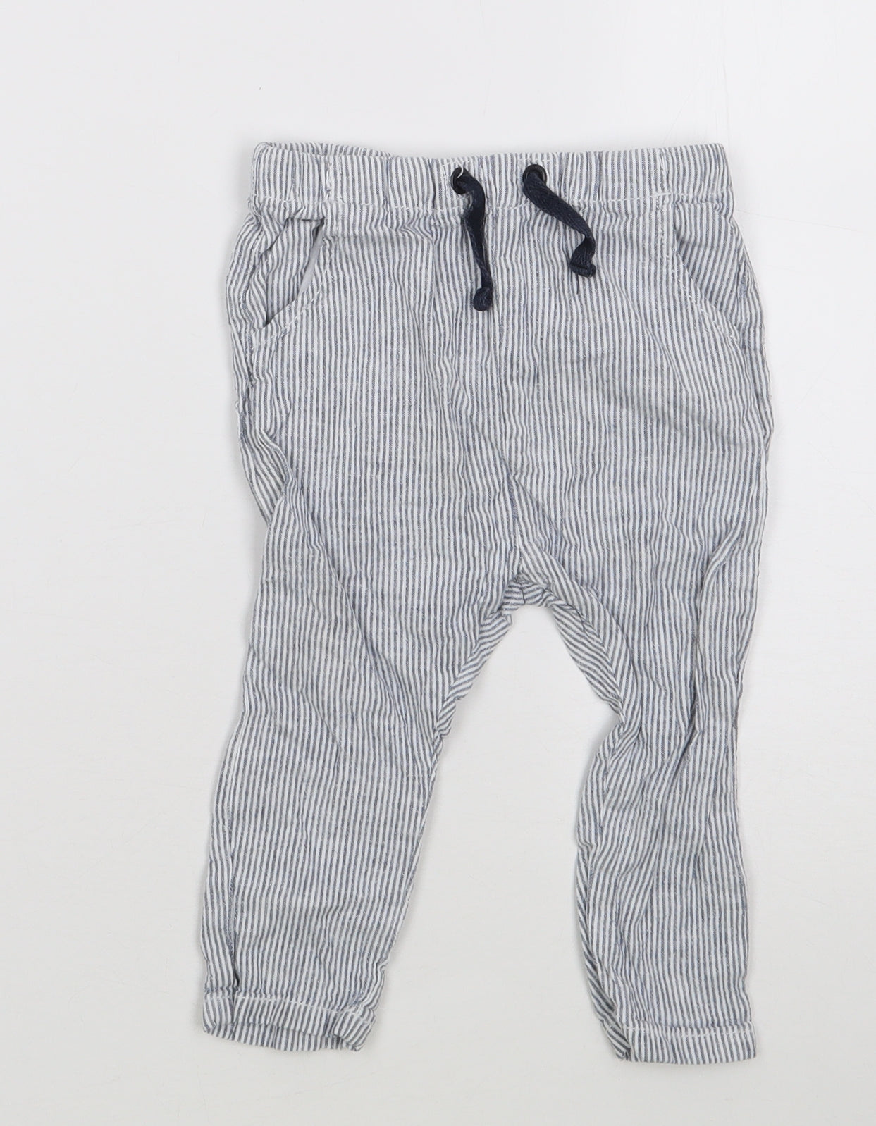 NEXT Boys Blue Striped Linen Cargo Trousers Size 9-12 Months  Drawstring