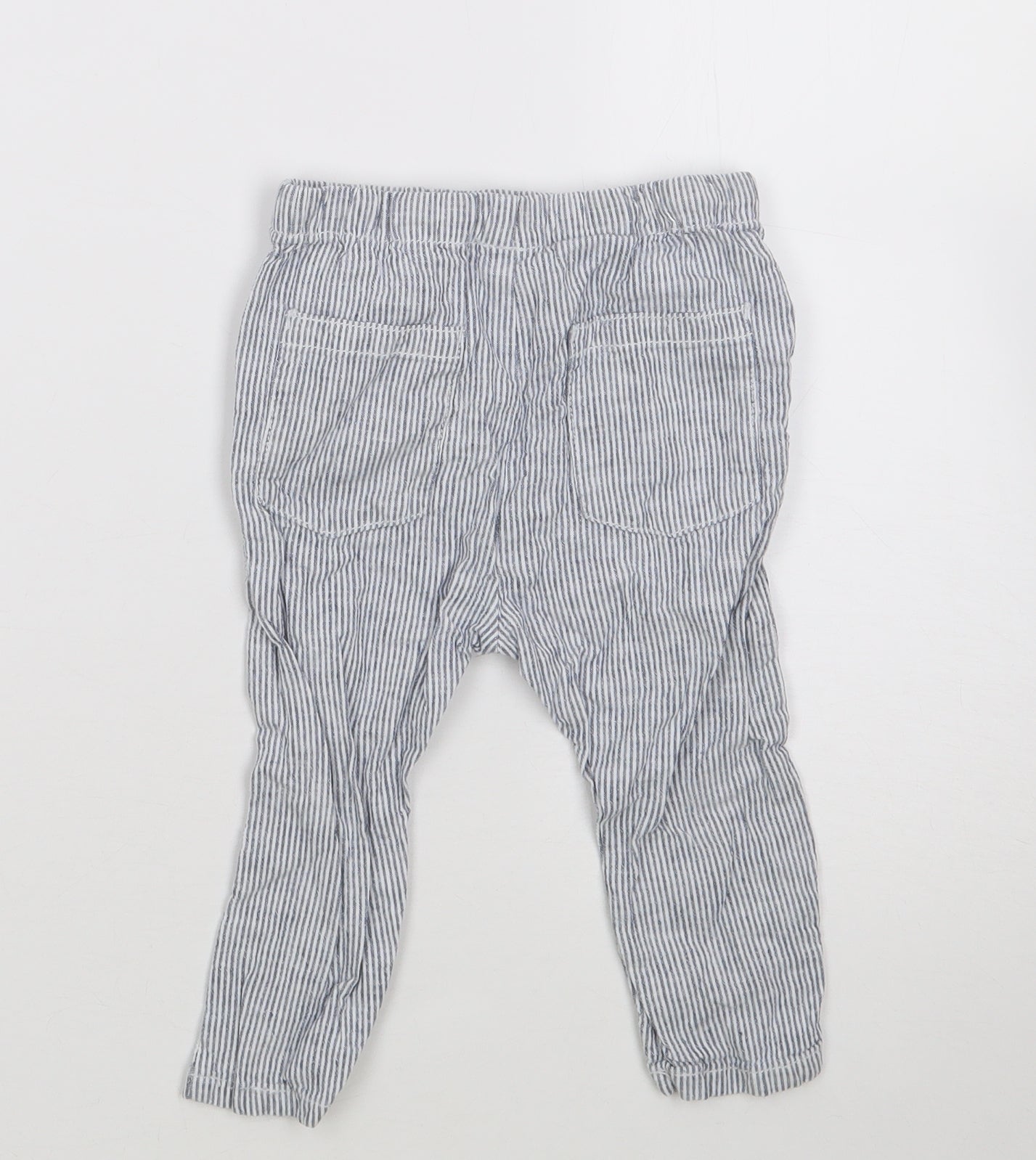 NEXT Boys Blue Striped Linen Cargo Trousers Size 9-12 Months  Drawstring