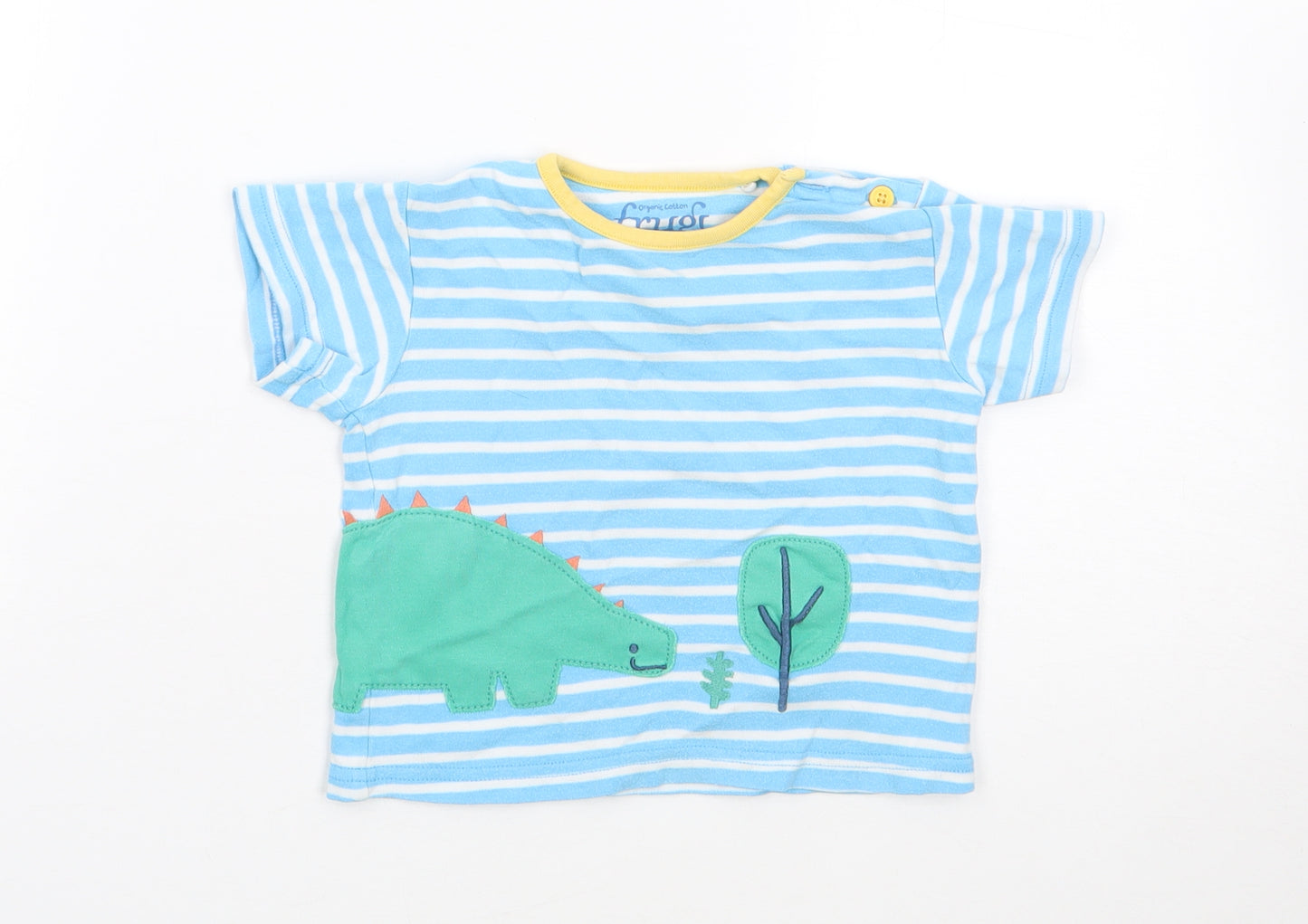 Frugi Boys Blue Striped Cotton Jersey T-Shirt Size 6-9 Months Crew Neck Pullover - Dinosaur