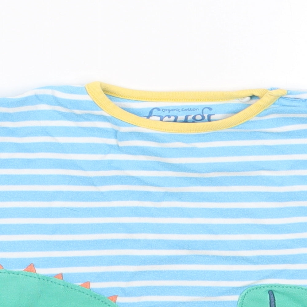 Frugi Boys Blue Striped Cotton Jersey T-Shirt Size 6-9 Months Crew Neck Pullover - Dinosaur