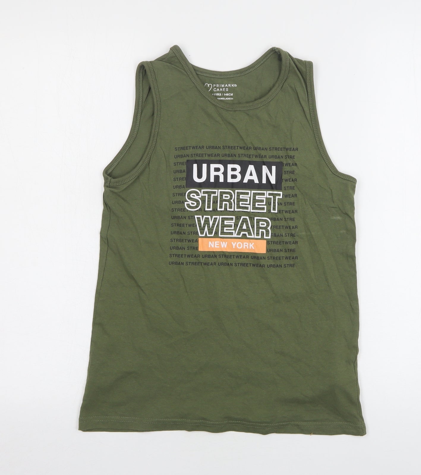 Primark Boys Green  Cotton Basic Tank Size 10-11 Years Round Neck