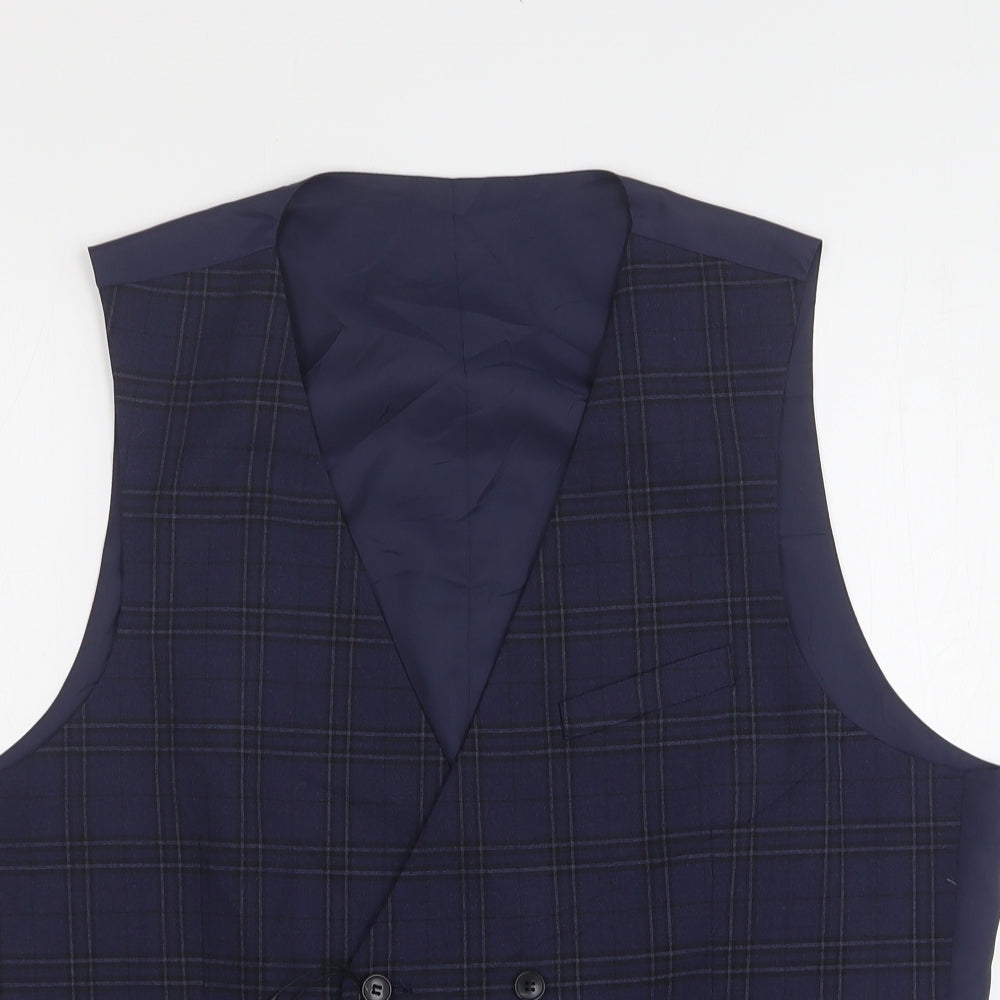 Marks and Spencer Mens Blue Plaid Polyester Jacket Suit Waistcoat Size L