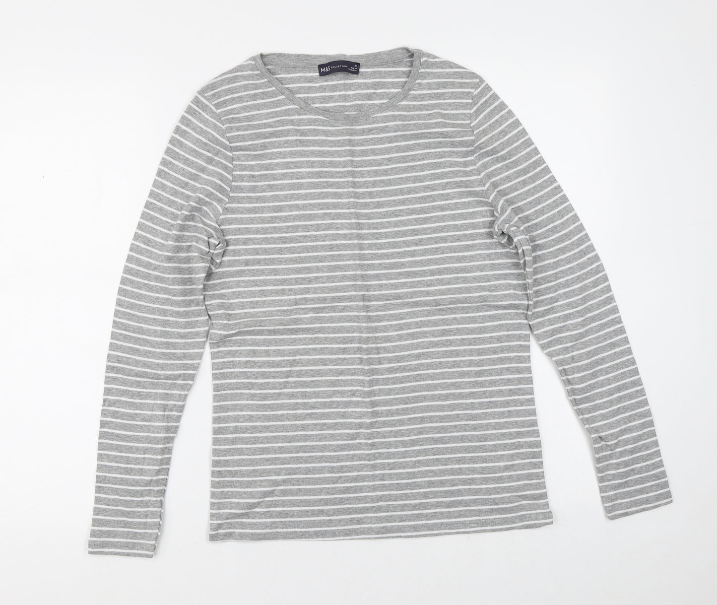 Marks & Spencer Womens Grey Striped 100% Cotton Basic T-Shirt Size 14 Round Neck
