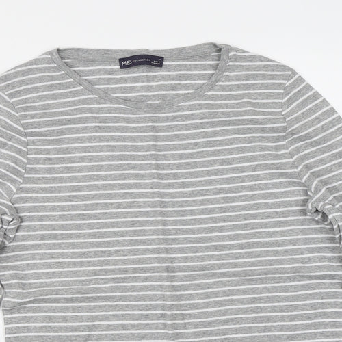 Marks & Spencer Womens Grey Striped 100% Cotton Basic T-Shirt Size 14 Round Neck