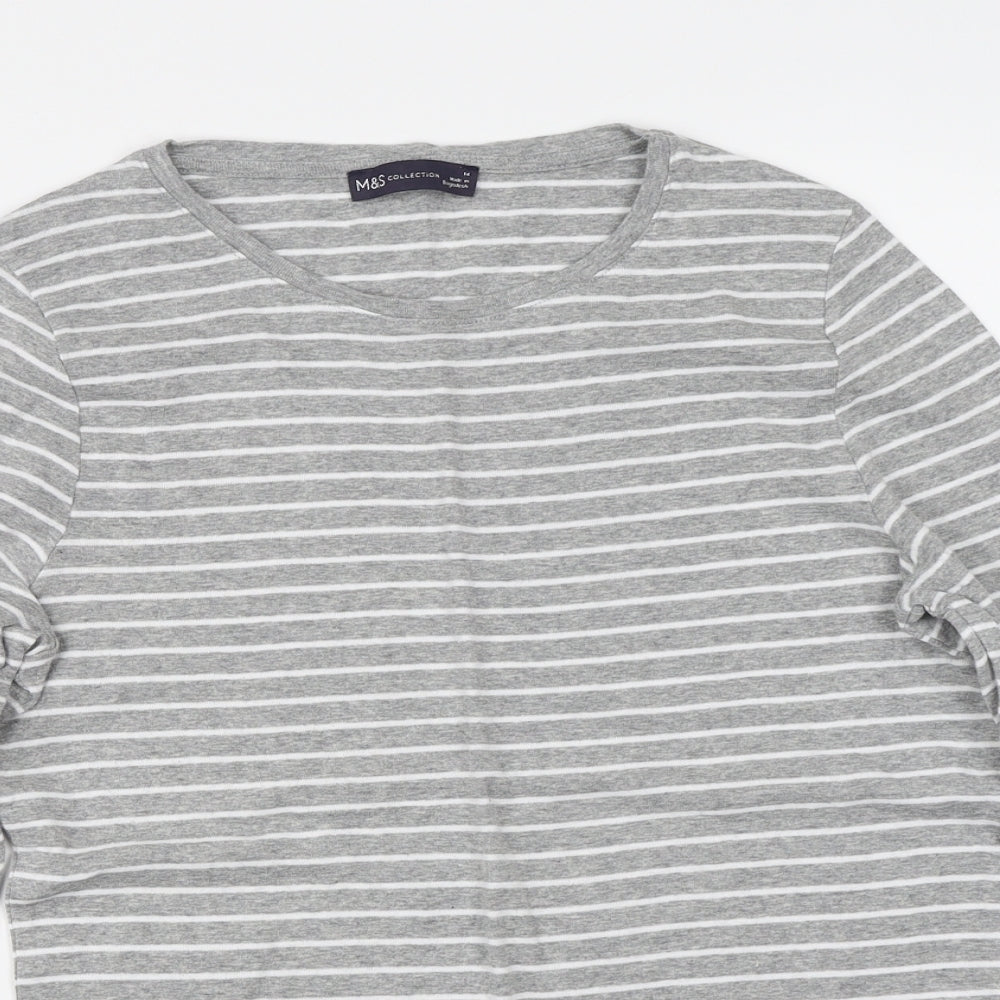 Marks & Spencer Womens Grey Striped 100% Cotton Basic T-Shirt Size 14 Round Neck