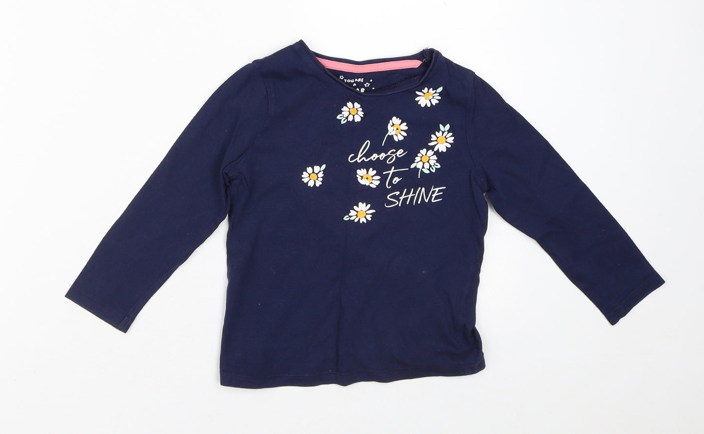 F&F Girls Blue  100% Cotton Pullover T-Shirt Size 3-4 Years Crew Neck  - Shine