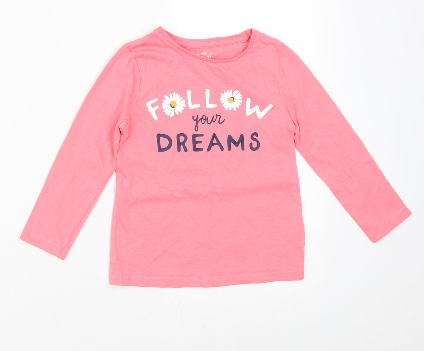 F&F Girls Pink  100% Cotton Pullover T-Shirt Size 3-4 Years Crew Neck  - Follow Your Dreams