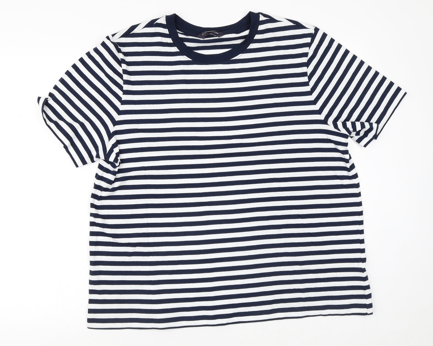 Marks and Spencer Womens White Striped Cotton Basic T-Shirt Size 18 Round Neck