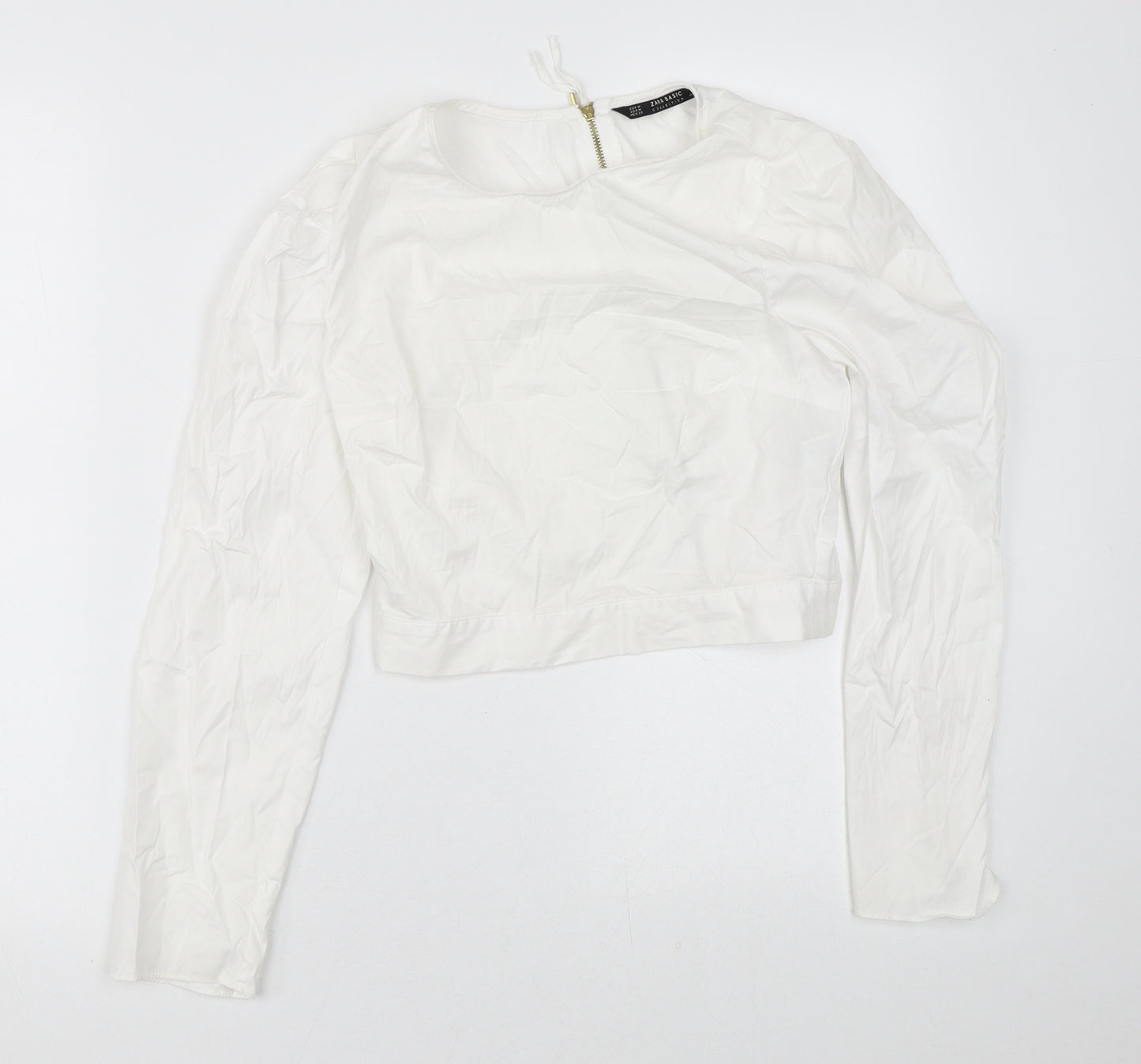 Zara Womens White  Cotton Cropped Blouse Size M Round Neck - Zip Back