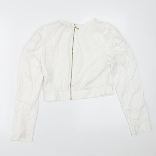 Zara Womens White  Cotton Cropped Blouse Size M Round Neck - Zip Back